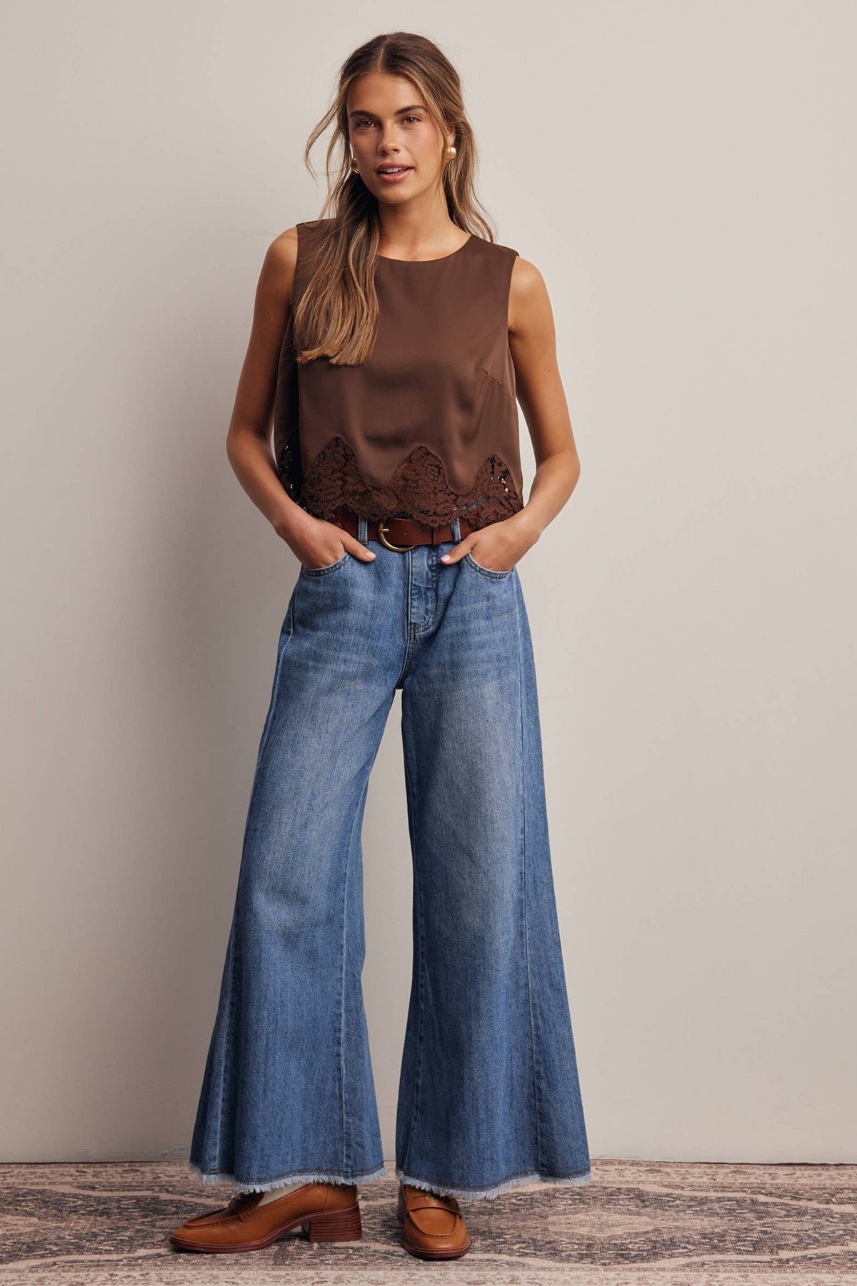 Forte Satin Lace-Hem Sleeveless Top - Slate Blue