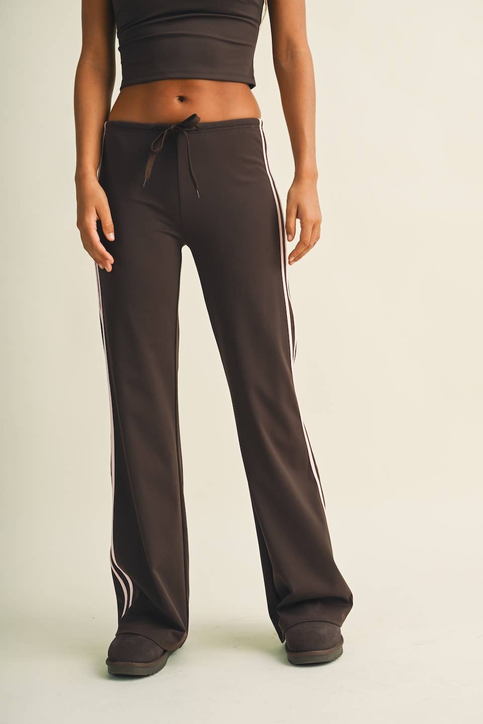 GLOWIE Side Stripe Low-Rise Straight-Leg Pants - Dark Chocolate