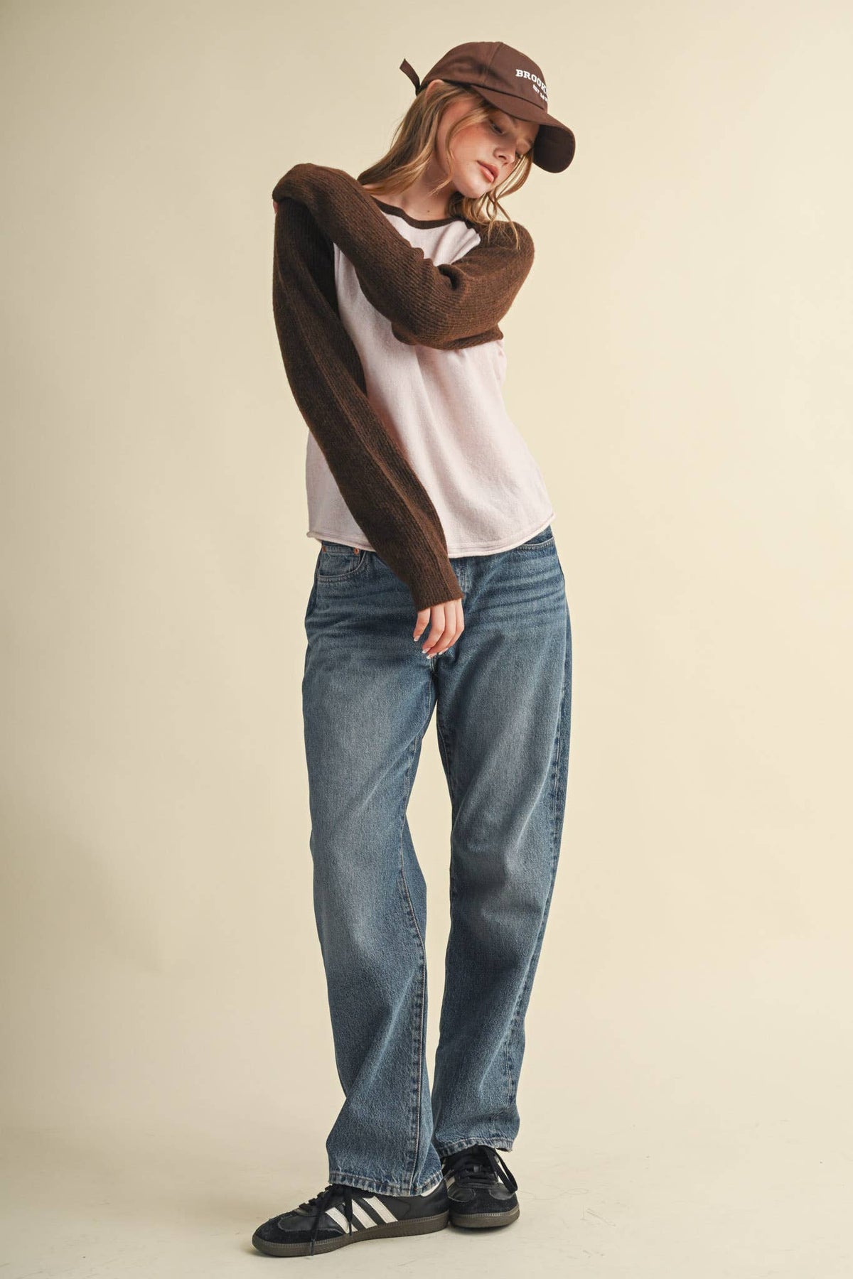 &MERCI Blue/White Sweater Knit Raglan Baseball Tee