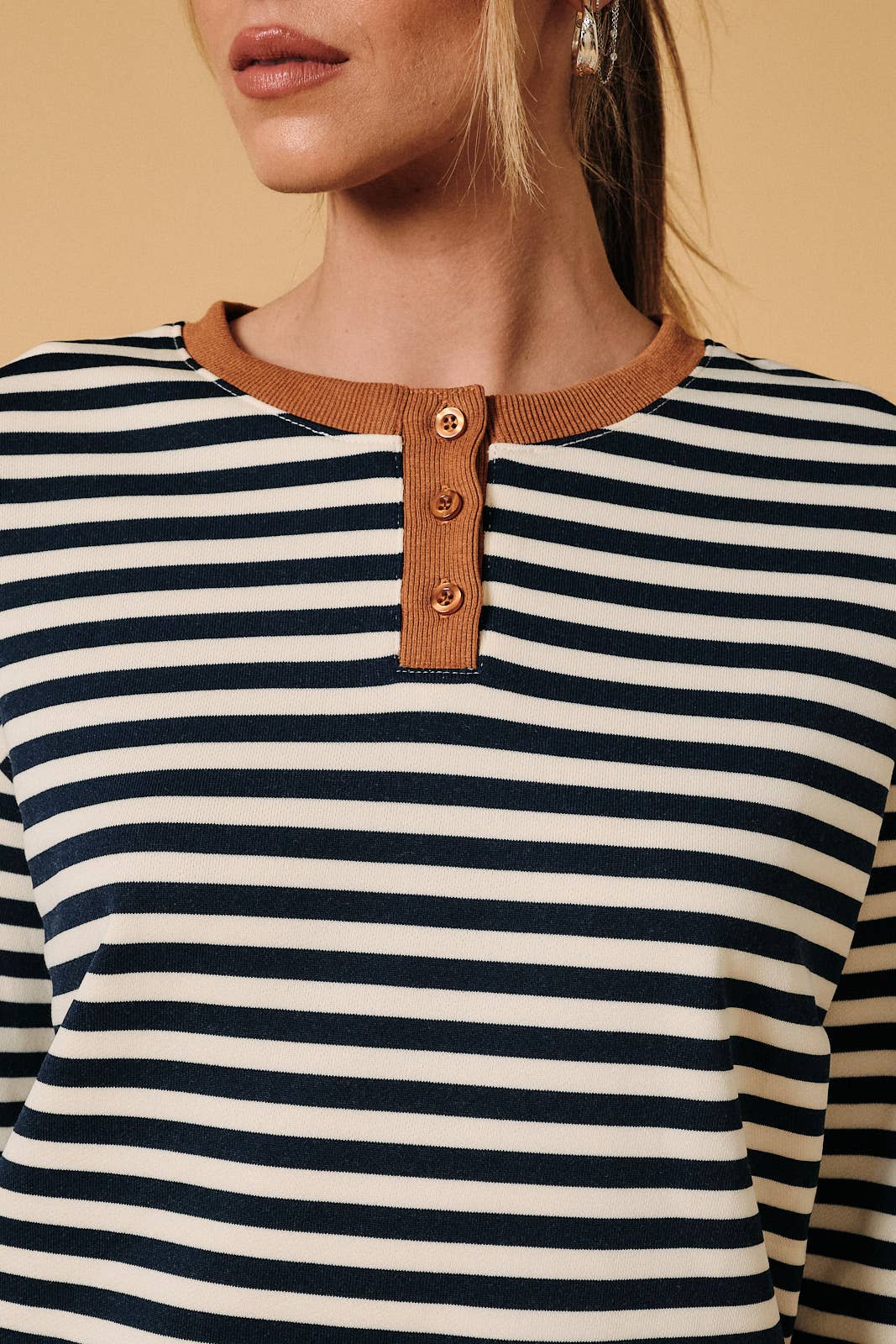 Henley Neck Contrast Trim Striped Sweatshirt