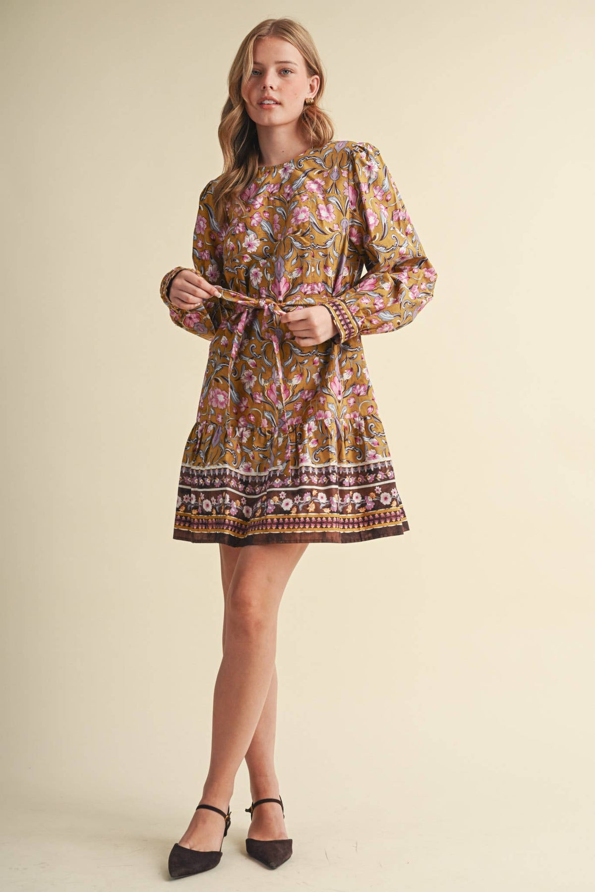 &MERCI Floral Border Print Belted Mini Dress - Brown/Olive Multi