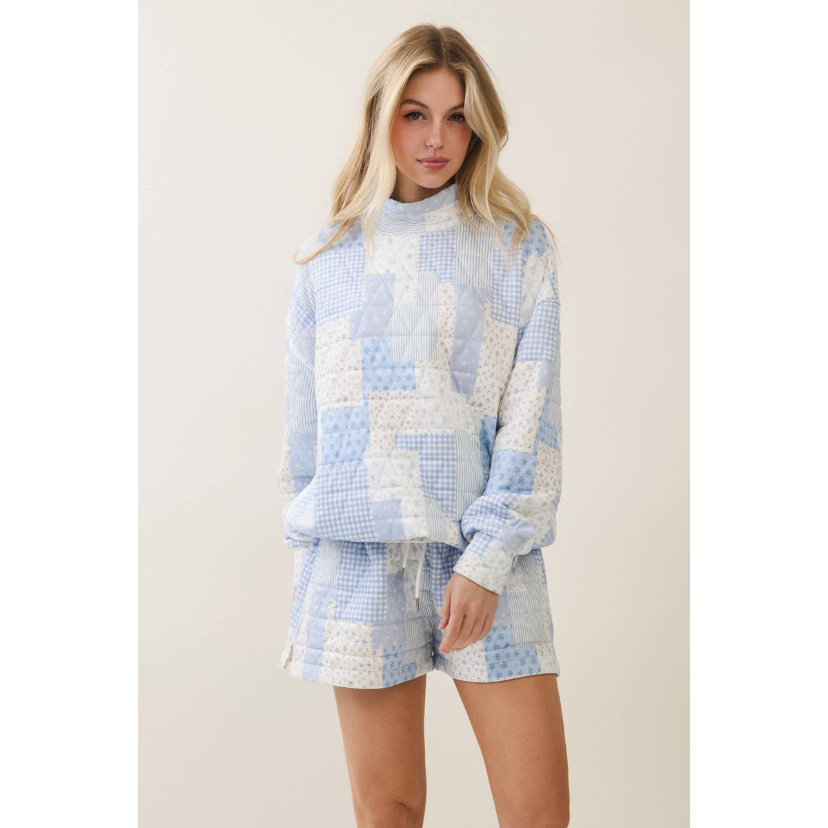 Veveret Pink Patchwork Quilted Mock Neck Pullover