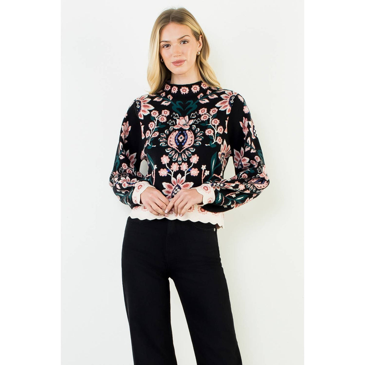 THML Olive High Neck Floral Sweater