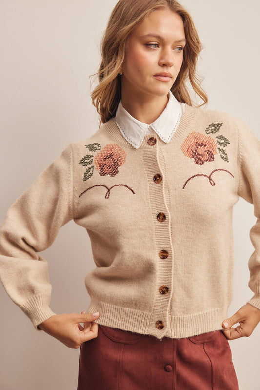 Floral Embroidered Cropped Knit Cardigan - Ecru
