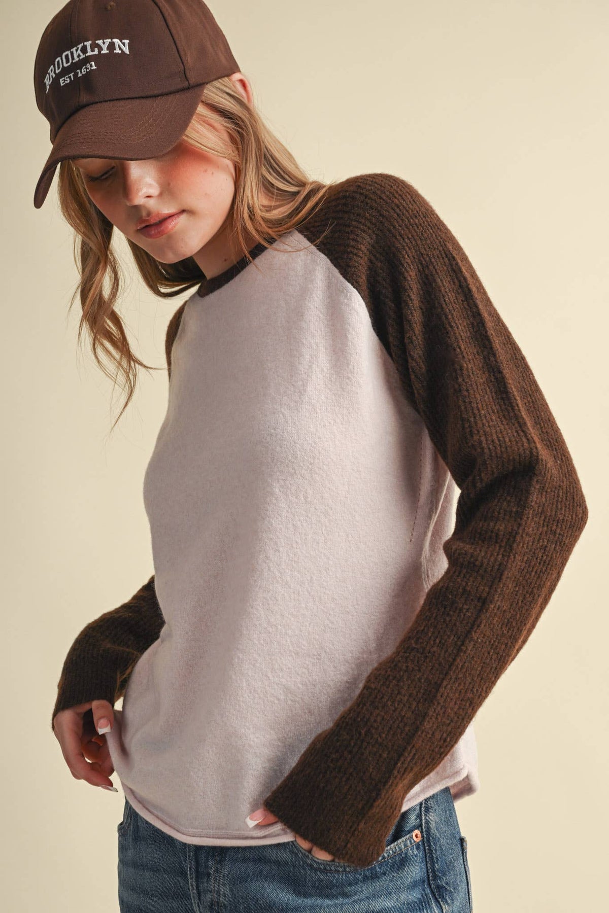 &MERCI Blue/White Sweater Knit Raglan Baseball Tee
