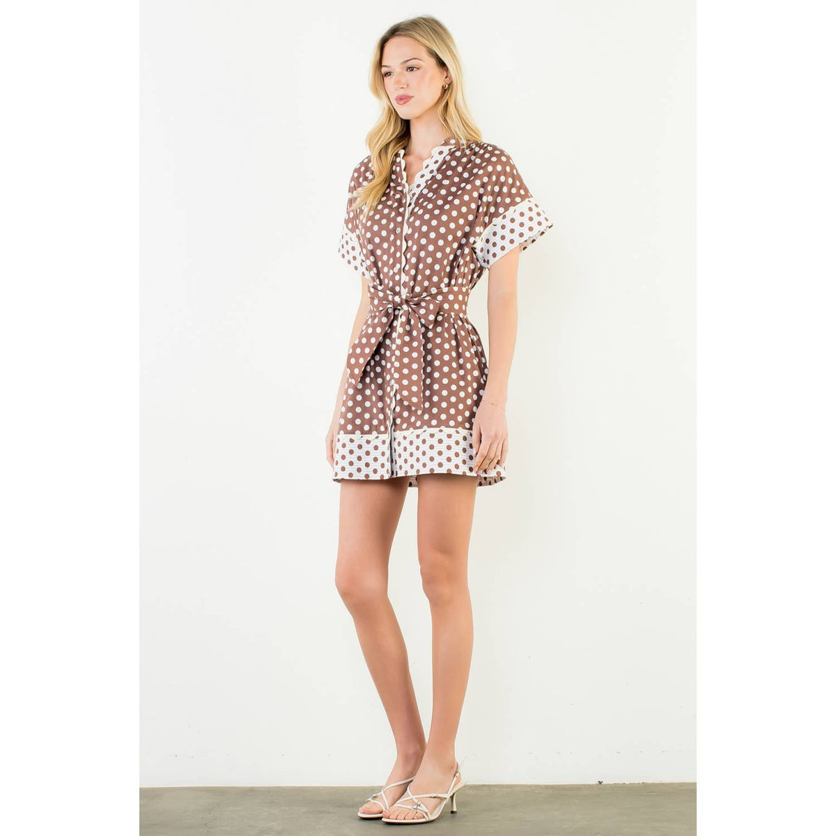 THML Brown Short Sleeve Polka Dot Dress