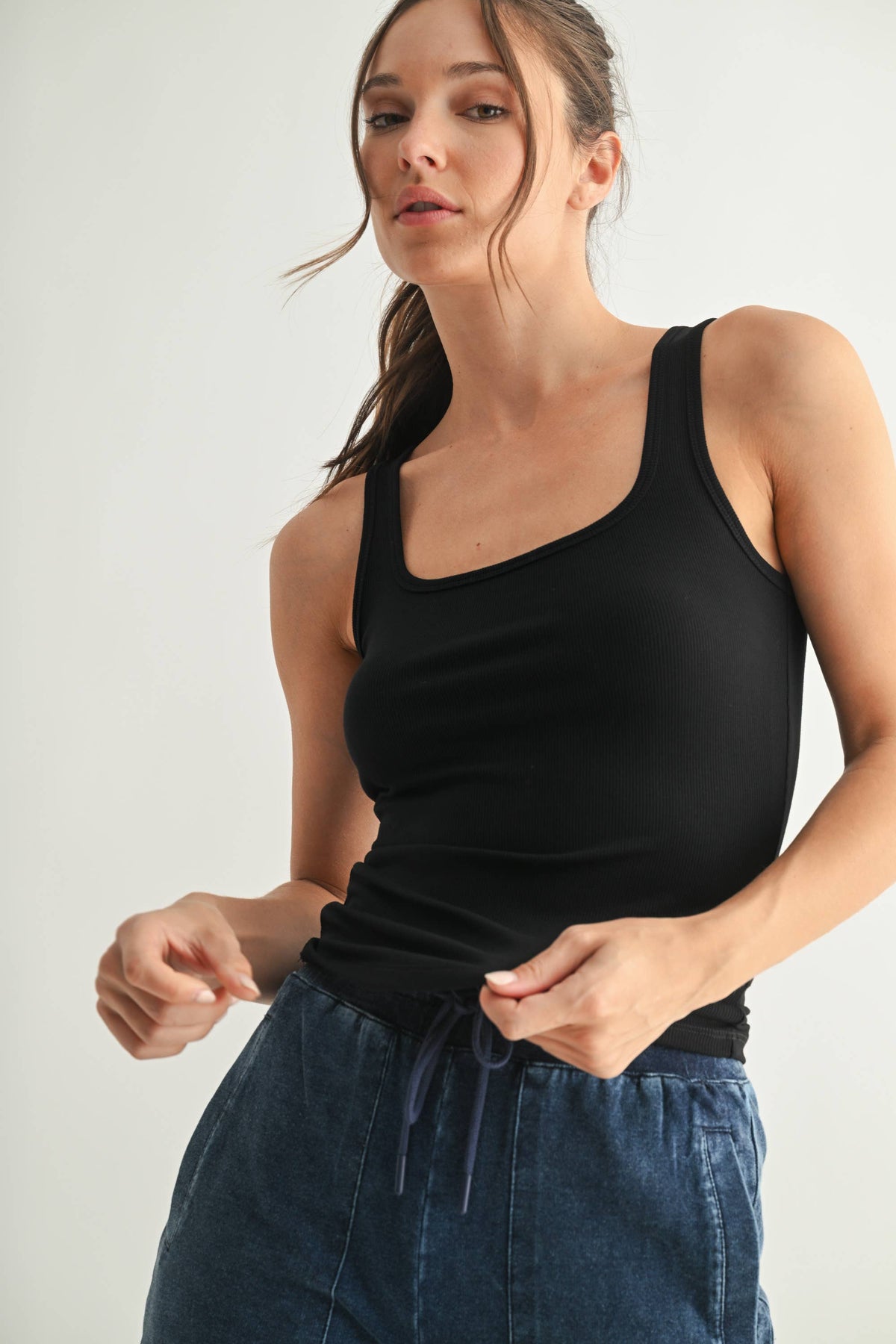 Mono B Square Neck Ribbed Tank Top - Black
