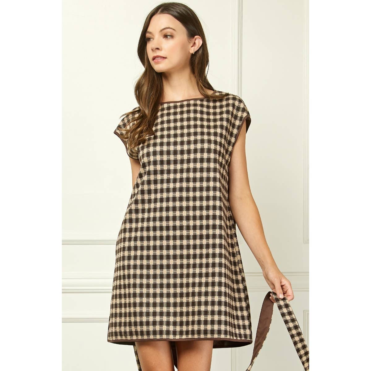 Brown Checker-Knit Belted Mini Dress