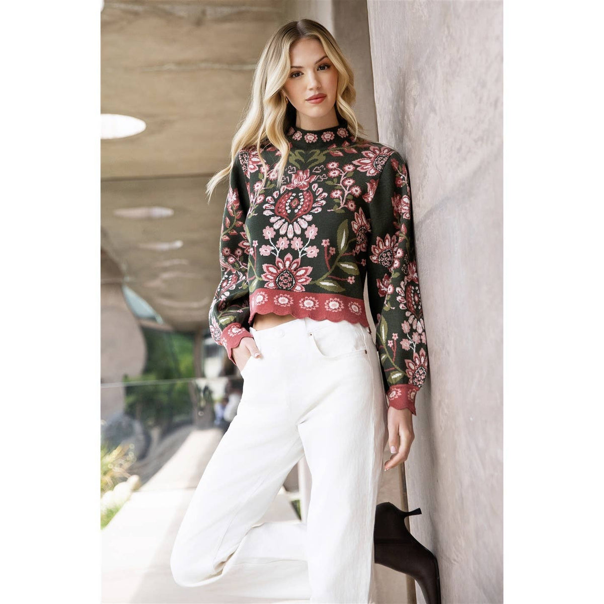 THML Olive High Neck Floral Sweater