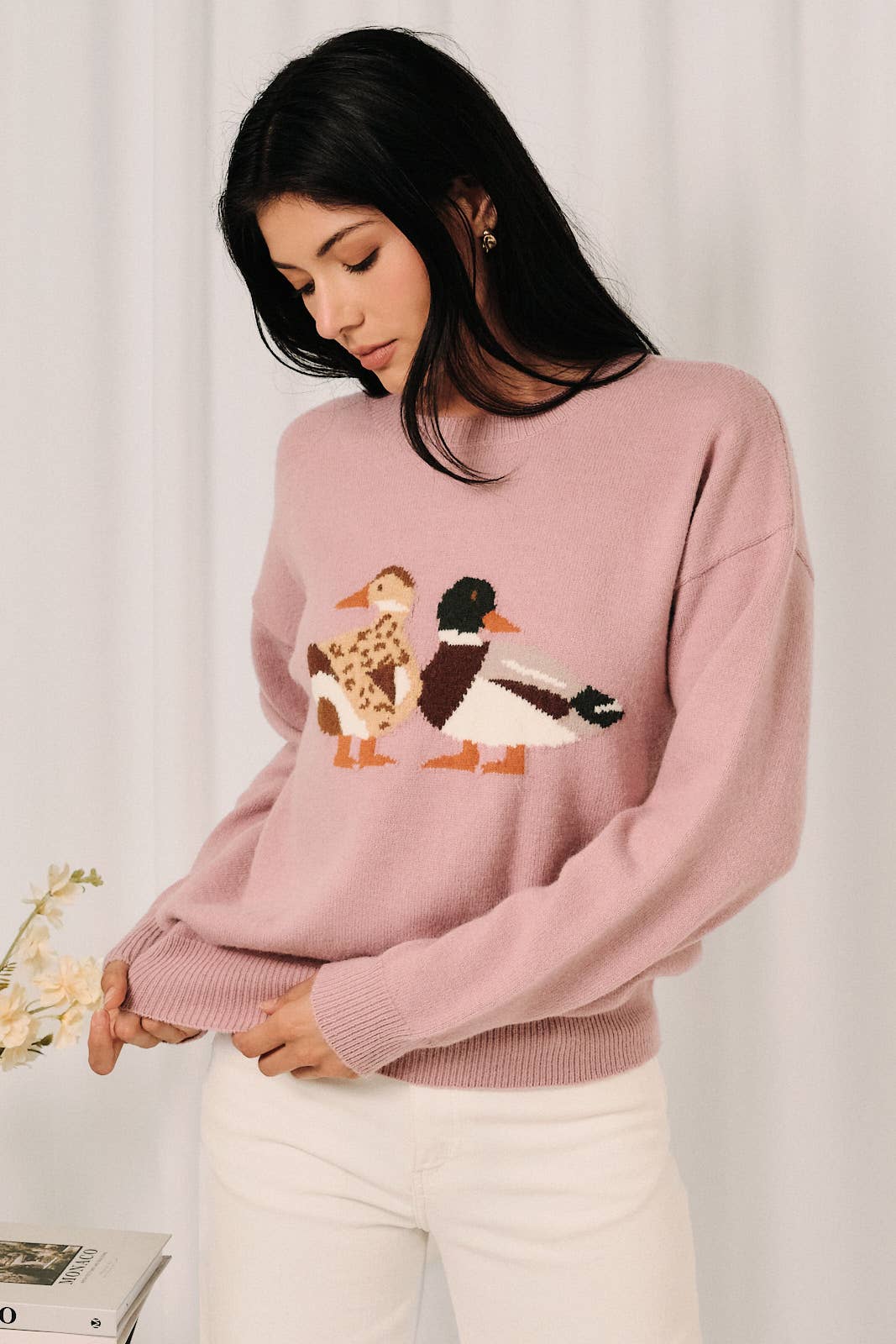 Round Neck Mallard Duck Graphic Long Sleeve Knit Sweater