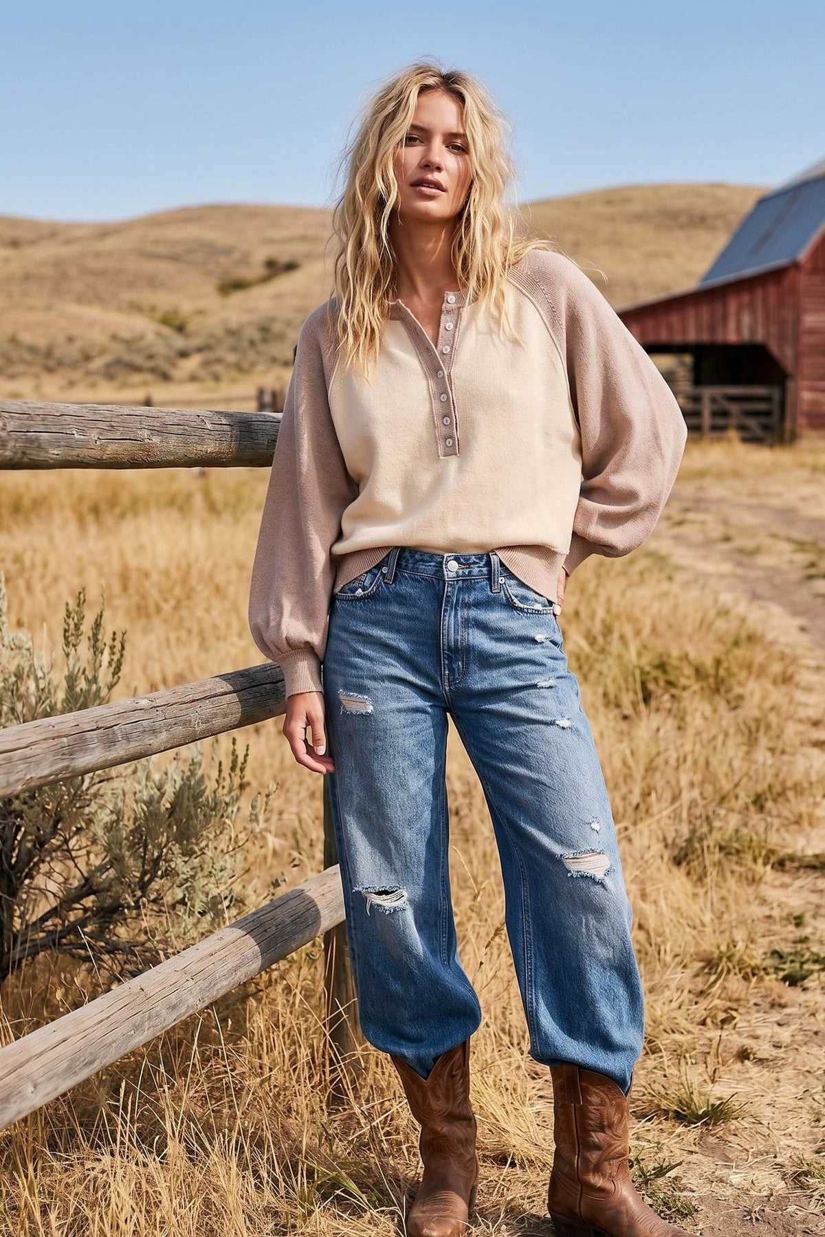 Sewn and Seen Taupe/Cream Color Block Henley Sweater
