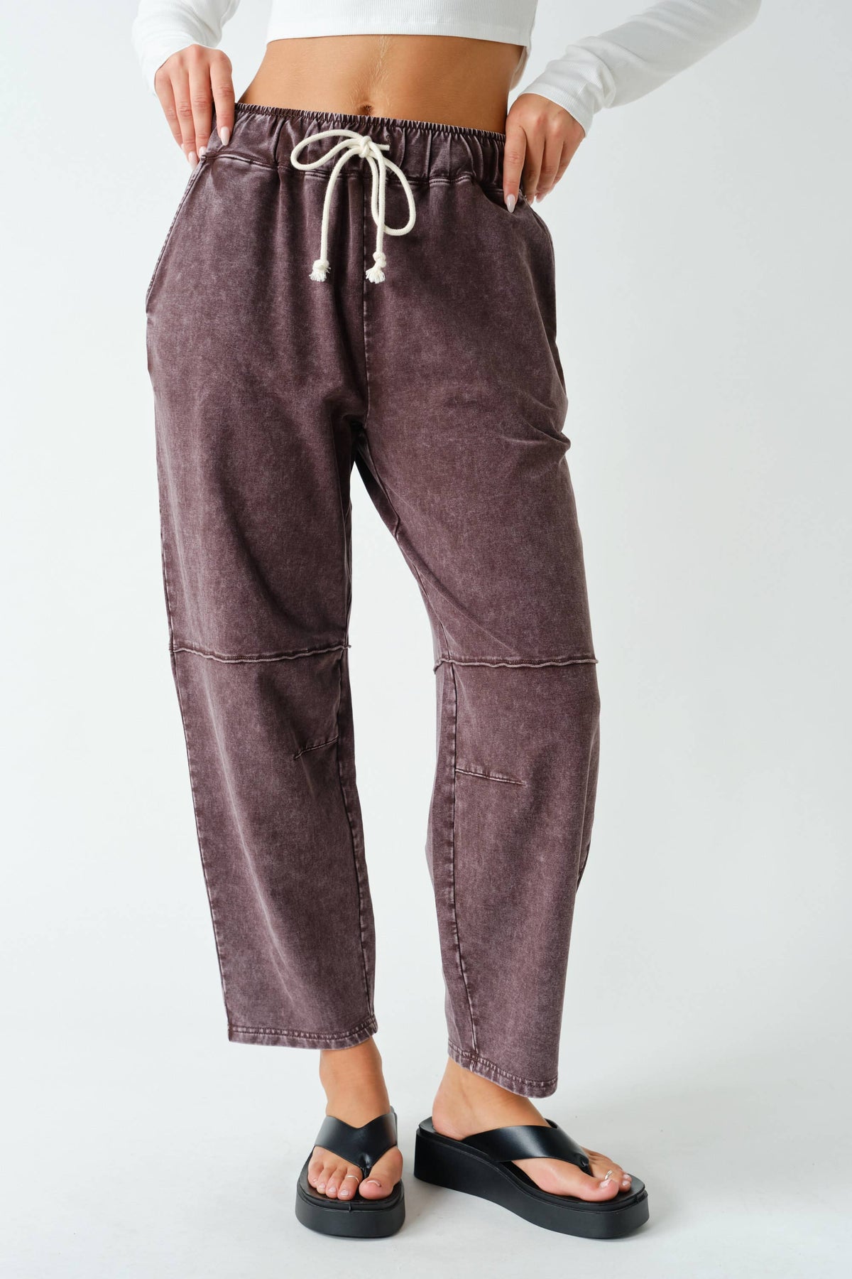 Coffee Bean Mineral-Wash Cropped Straight-Leg Pants