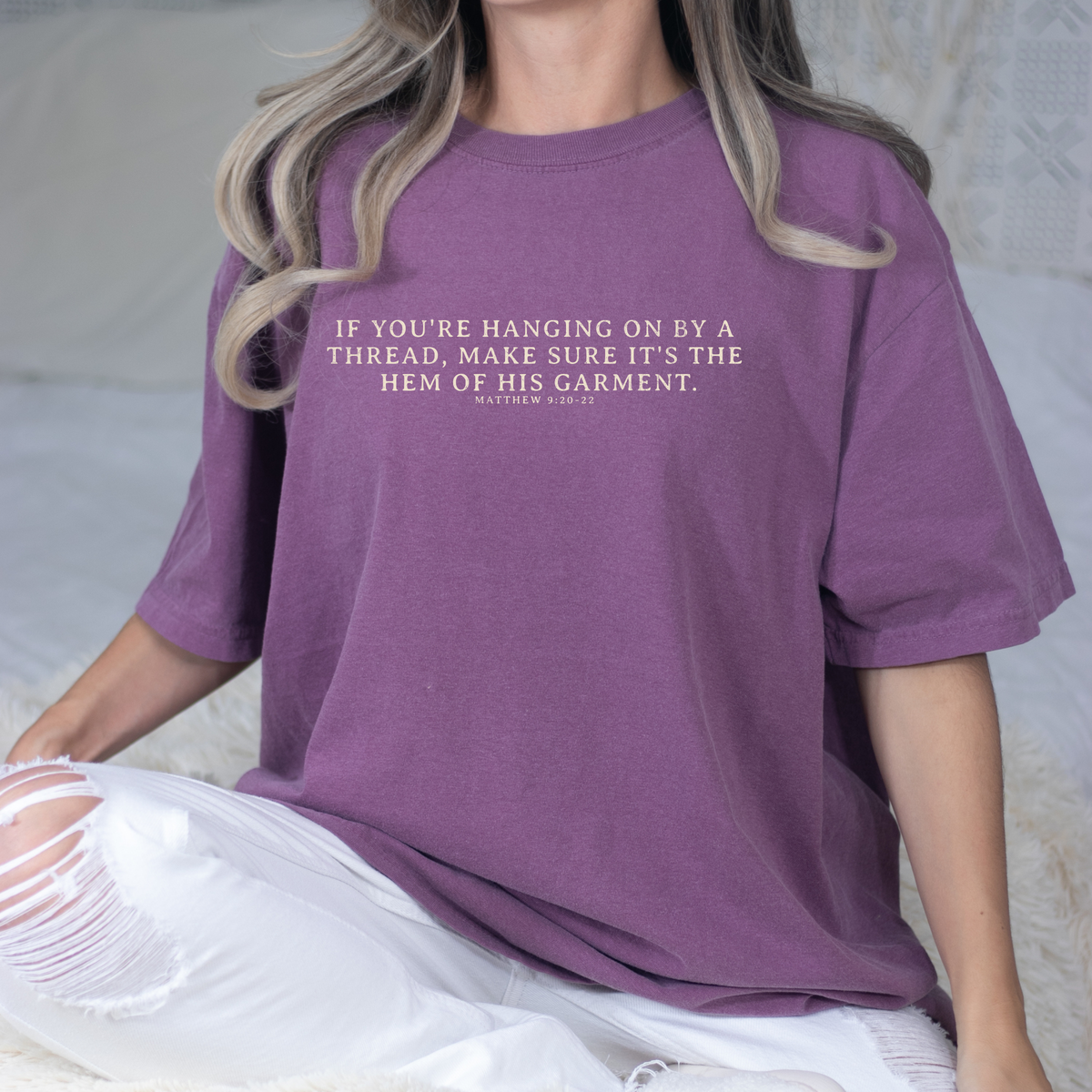 Hanging on By The Hem of His Garment Christian Graphic Tee