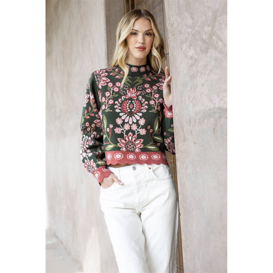 THML Olive High Neck Floral Sweater