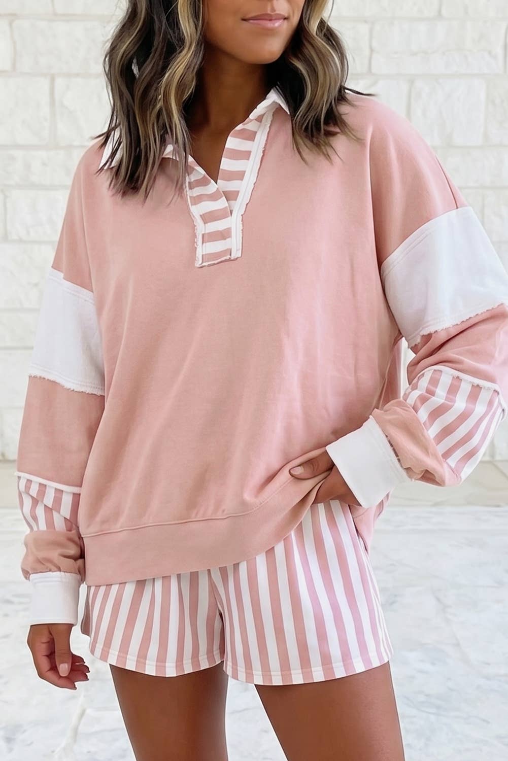 Smoke Green Striped Colorblock Sweatshirt & Shorts Set