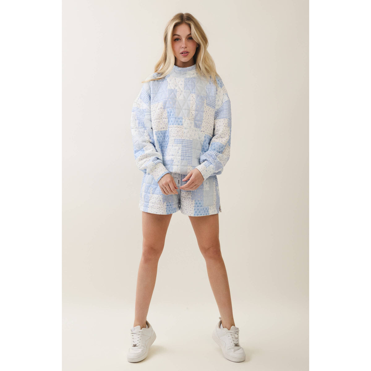 Veveret Pink Patchwork Quilted Mock Neck Pullover