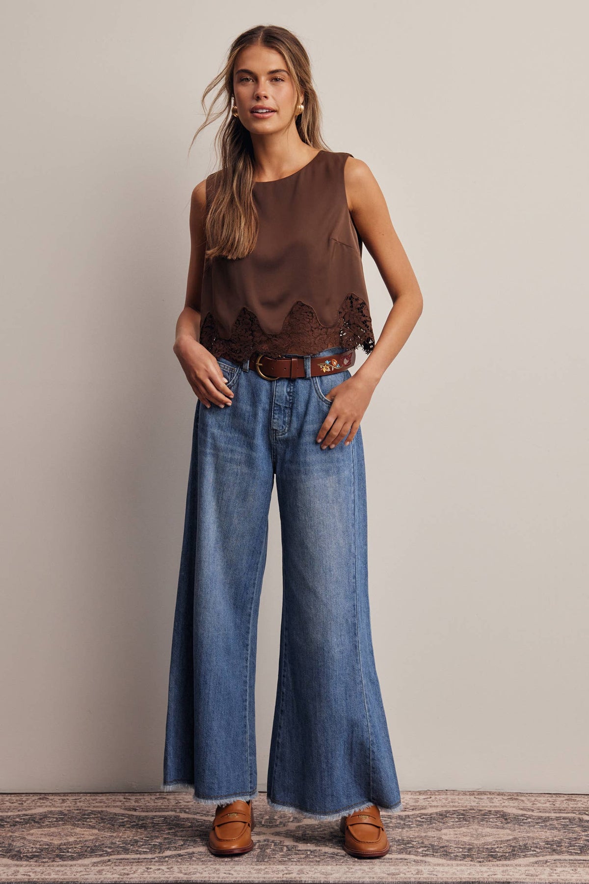 Forte Satin Lace-Hem Sleeveless Top - Slate Blue