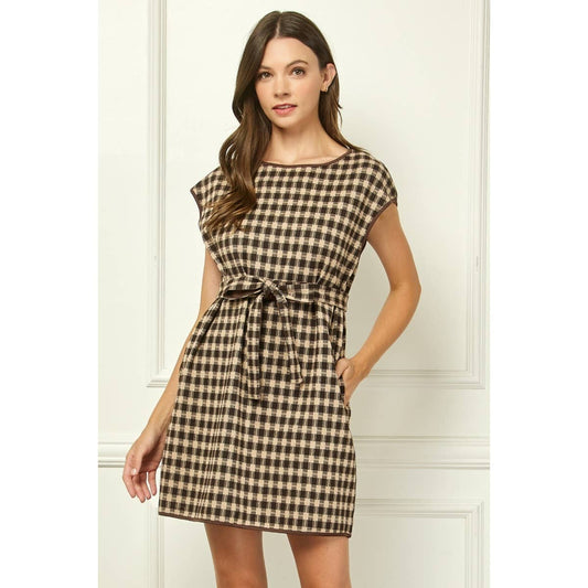 Brown Checker-Knit Belted Mini Dress