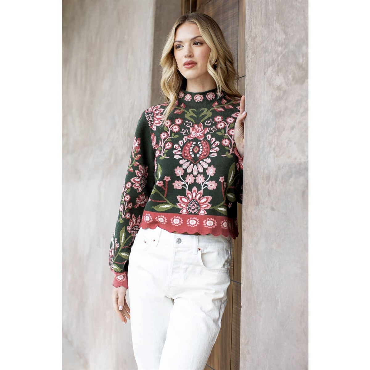 THML Olive High Neck Floral Sweater