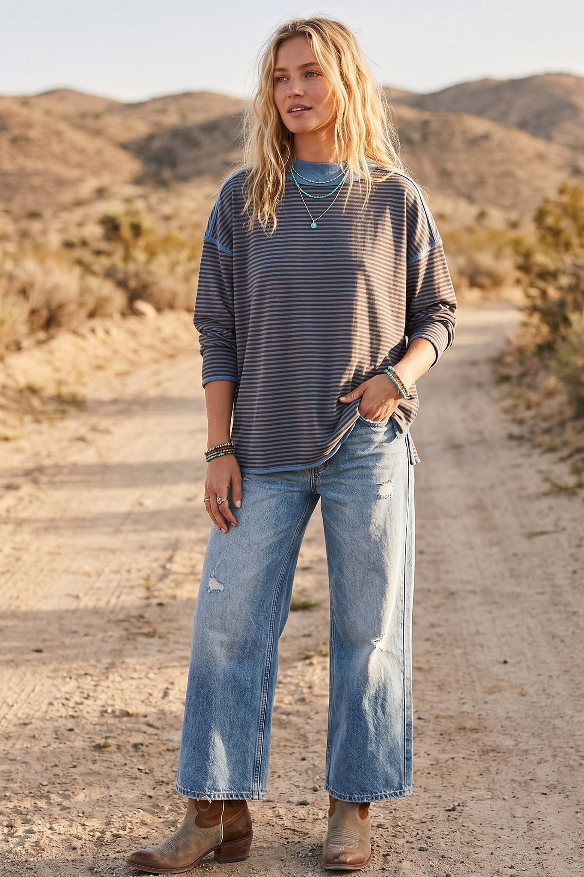 Sewn and Seen Oversized Contrast Trim Striped Top - Taupe/Navy