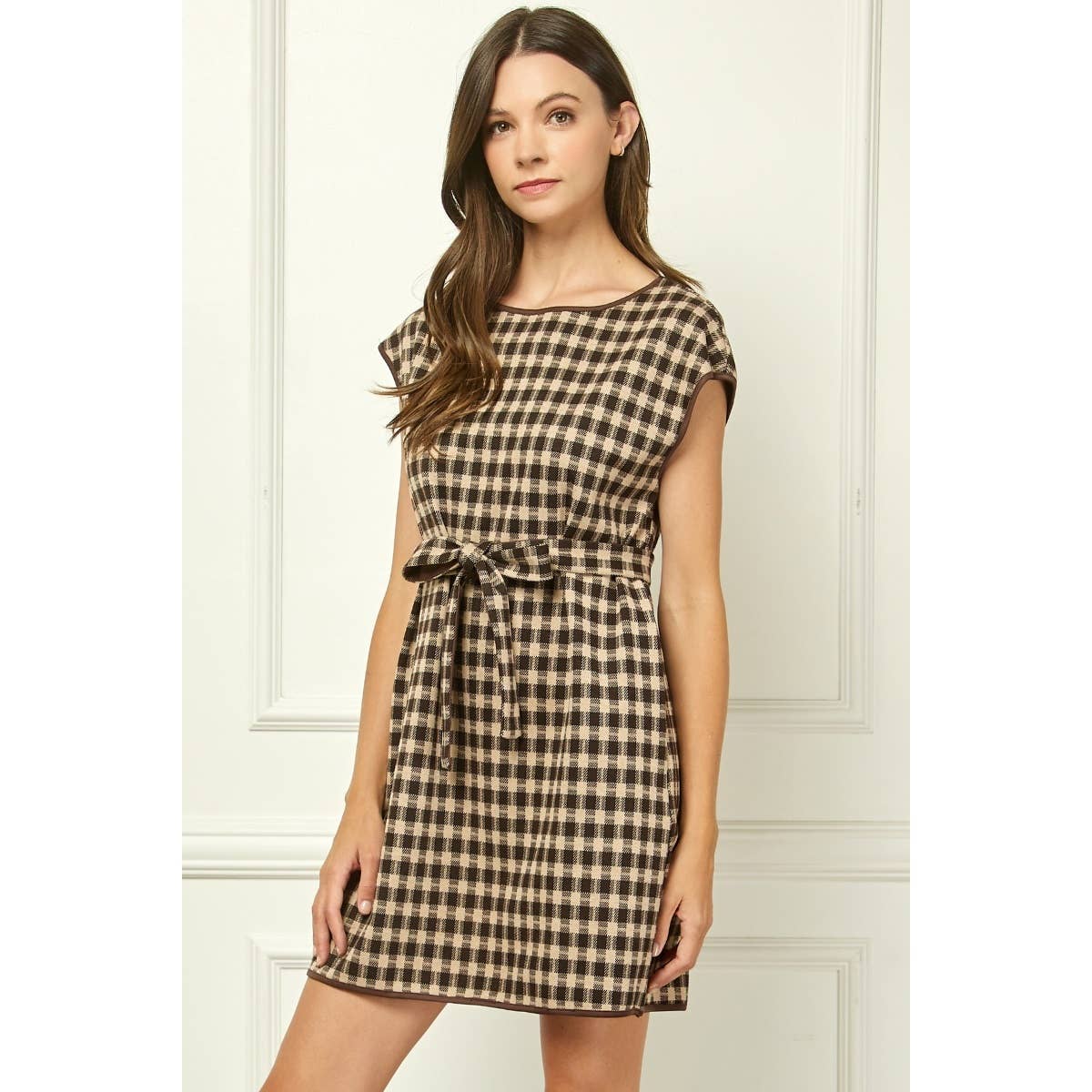 Brown Checker-Knit Belted Mini Dress