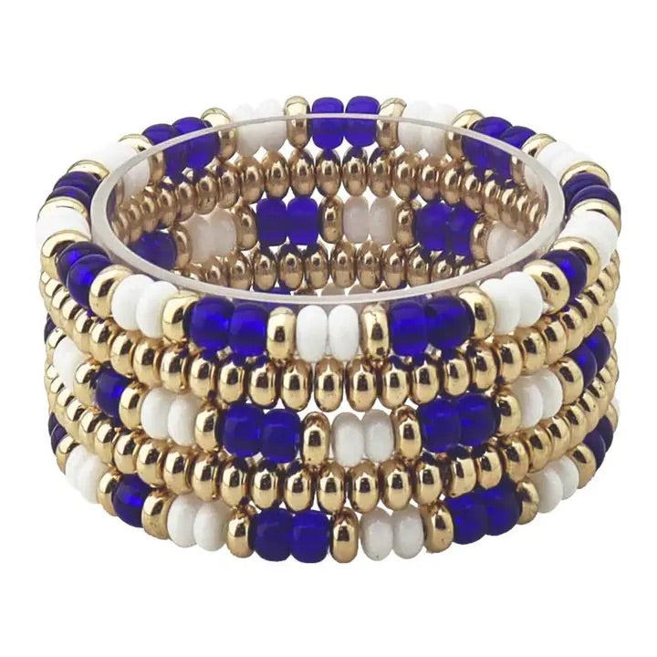 Gameday Blue and White Beaded with Gold Set of 4 Stretch Bracelets