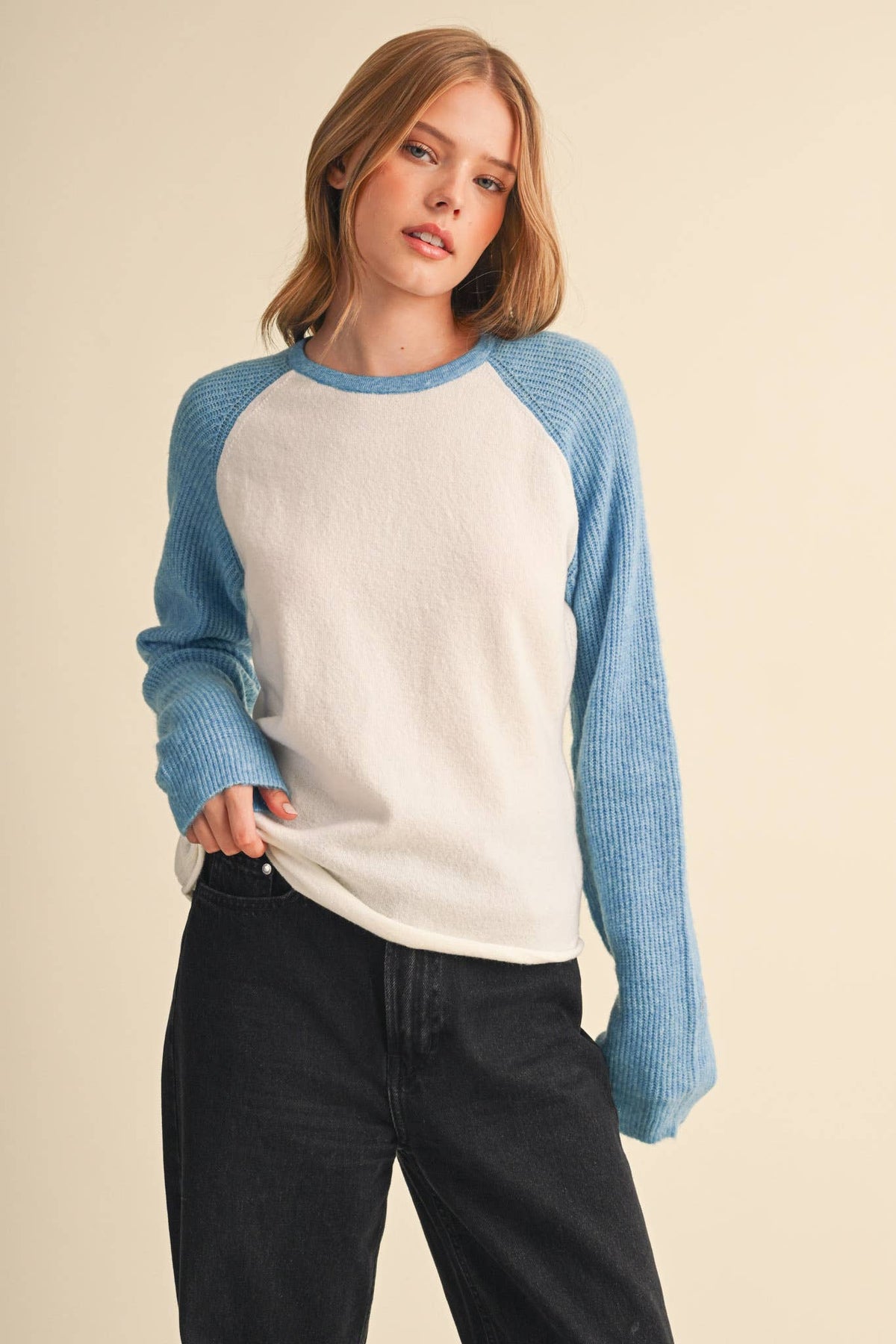 &MERCI Blue/White Sweater Knit Raglan Baseball Tee