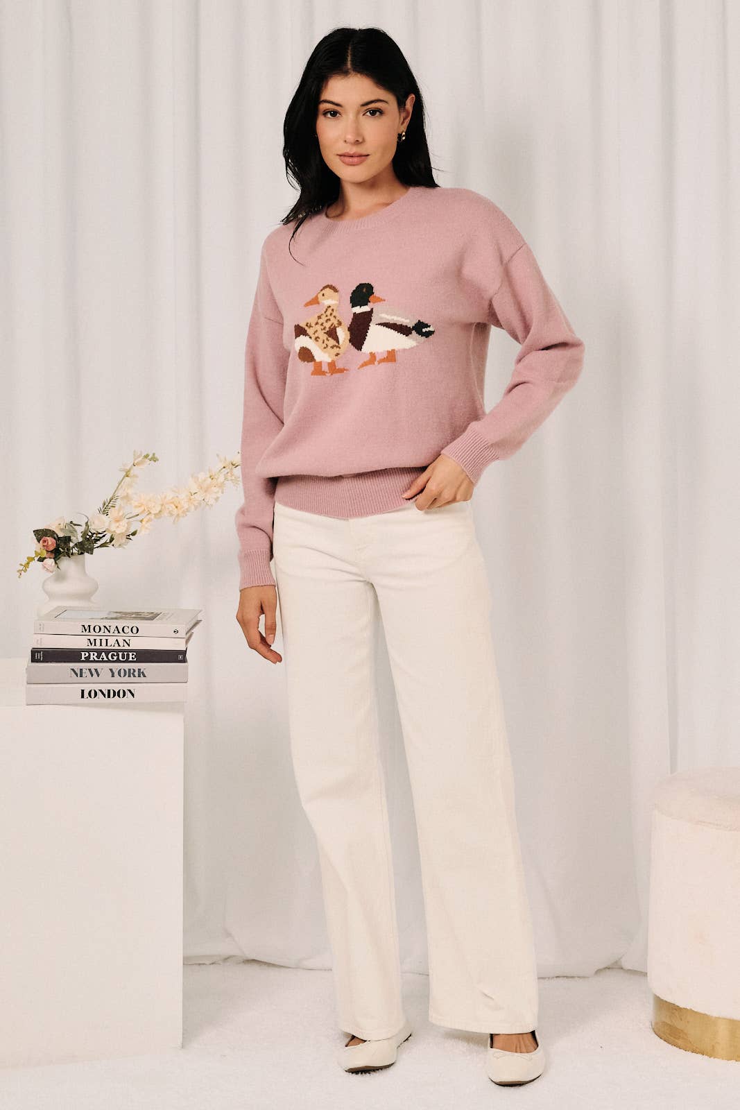 Round Neck Mallard Duck Graphic Long Sleeve Knit Sweater