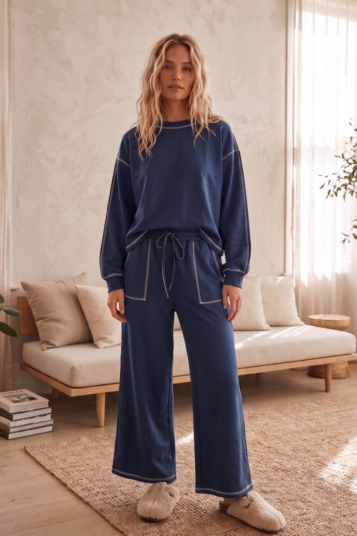 Scuba Contrast-Stitch Pullover & Wide-Leg Pants Set - Black