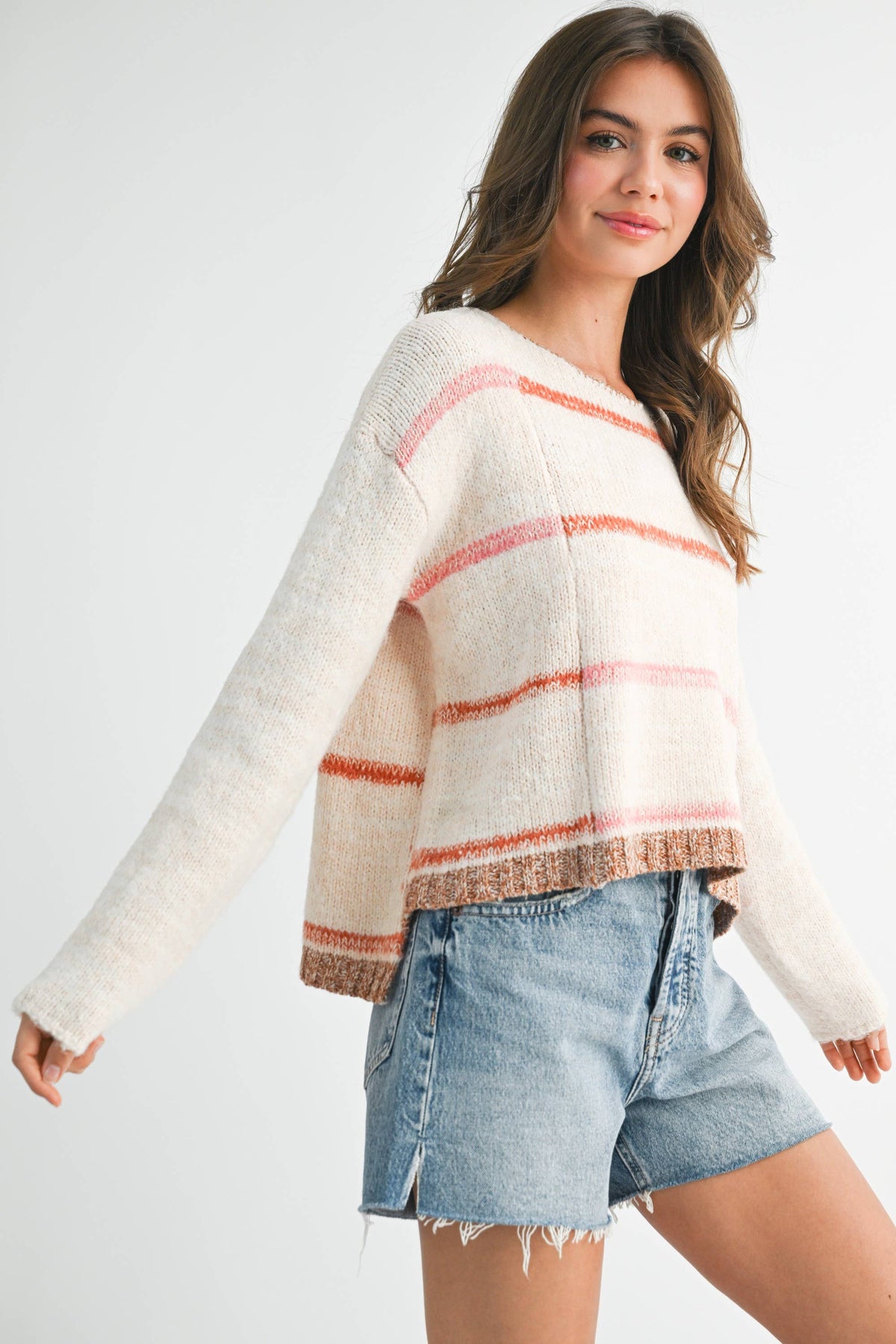AEMI + CO Mona Striped Knit Pullover Sweater - White/Gray