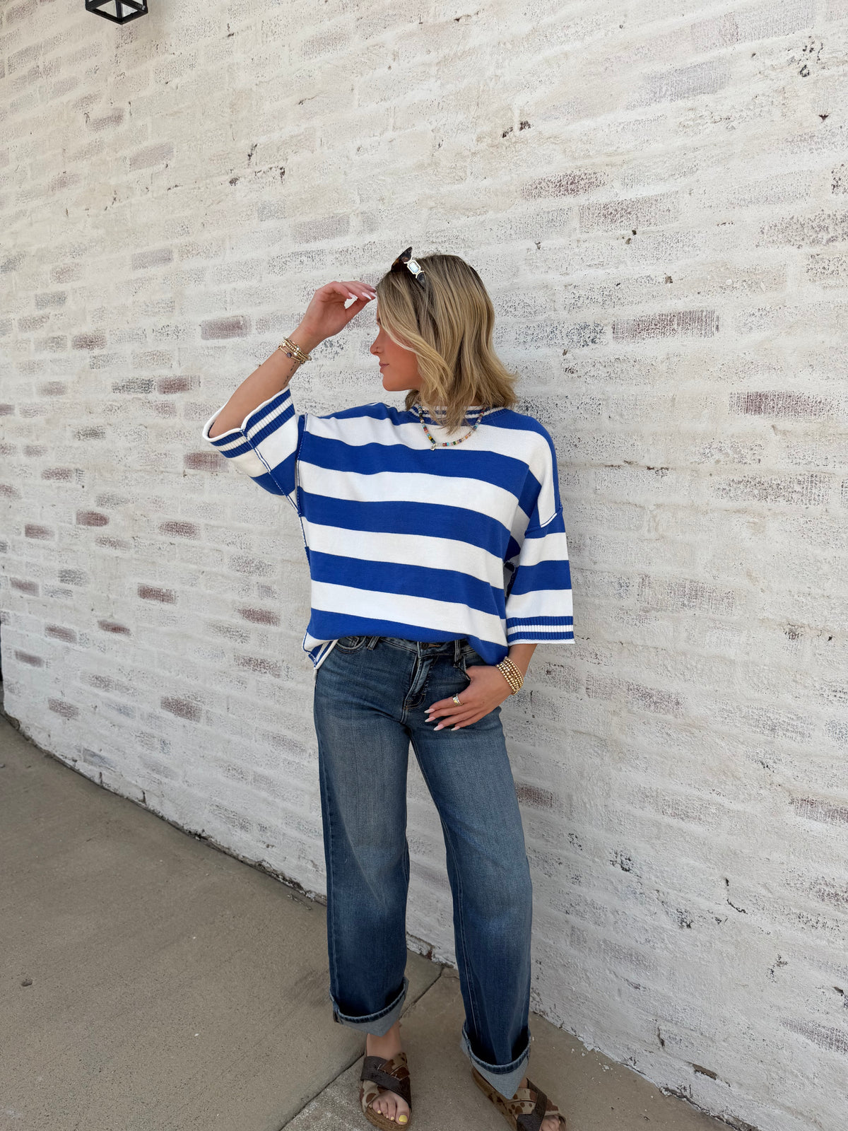 Blue & White Gameday Striped Oversized Knit Top