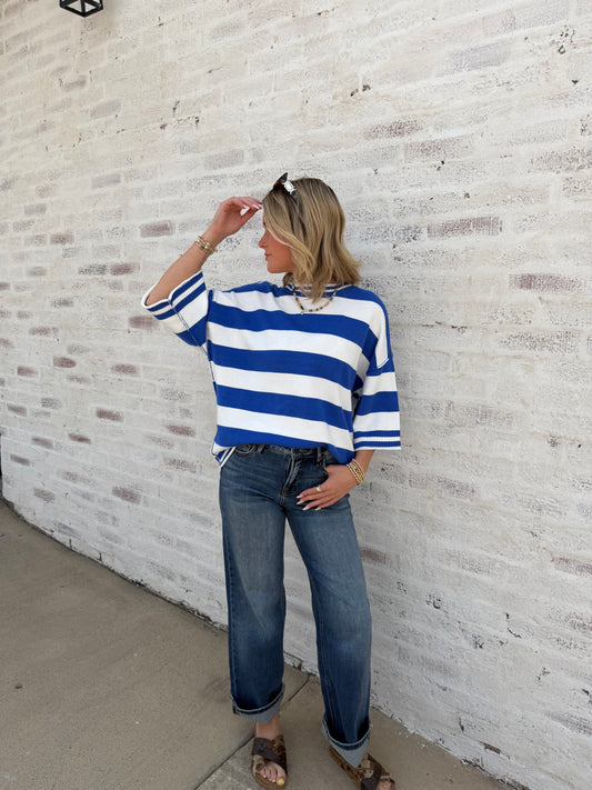 Blue & White Gameday Striped Oversized Knit Top