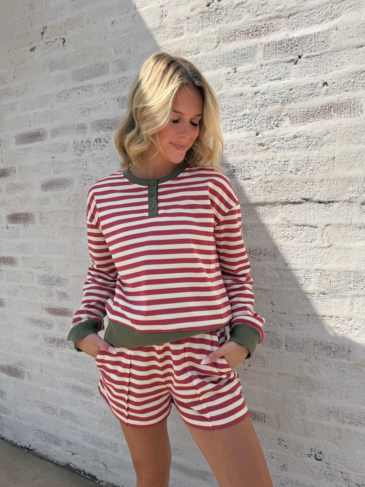 Cream-Mauve Striped Pintuck Sweatshorts