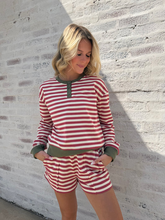 Cream-Mauve Striped Henley Contrast-Trim Sweatshirt