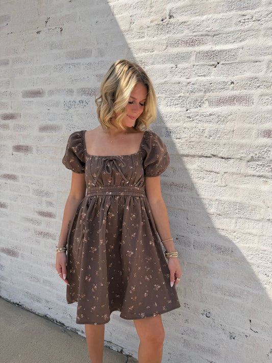 Dark Brown Ditsy Floral Puff-Sleeve Mini Dress
