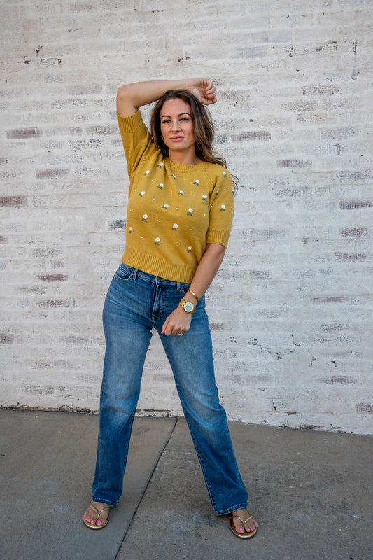 Floral Embroidered Pearl Embellished Short Sleeve Sweater Top