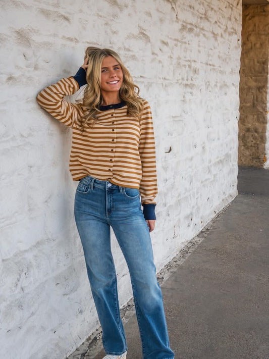 Contrast Color Block Stripe Button Down Cardigan