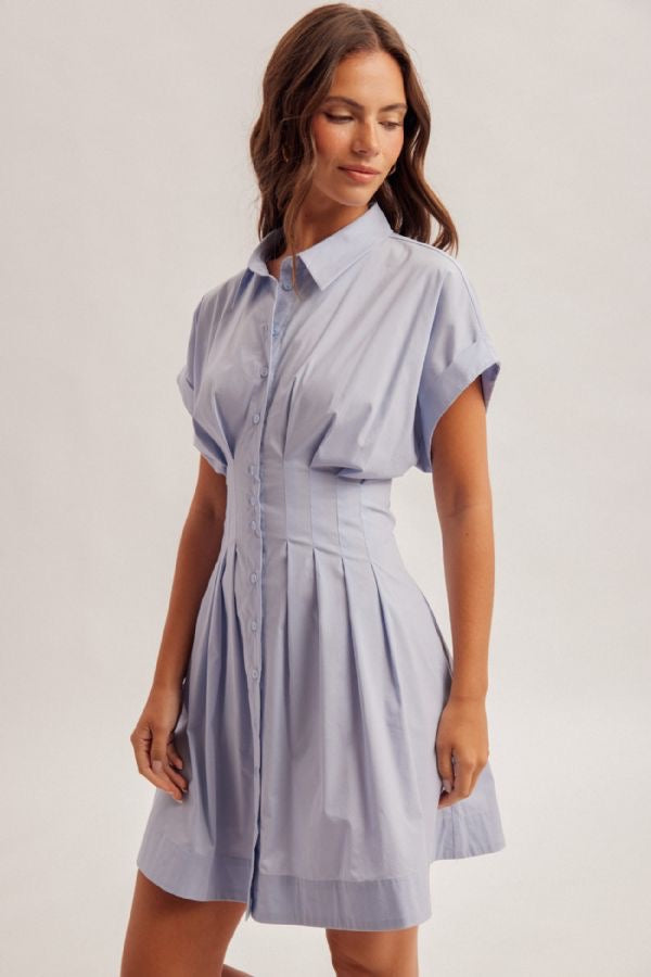 Pleated Detail Stretch Poplin Shirt Dress