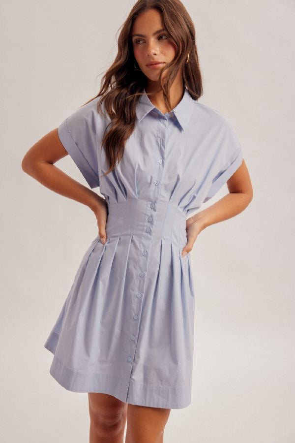 Pleated Detail Stretch Poplin Shirt Dress