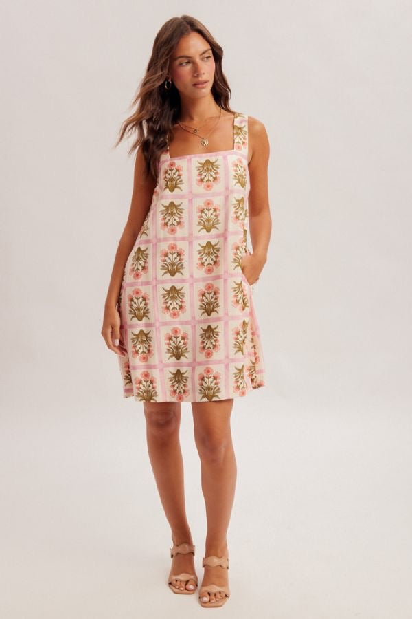Pink Floral Square-Neck Ribbon-Tie Mini Dress