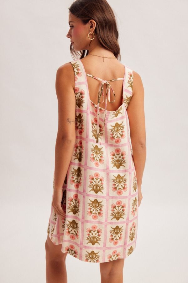 Pink Floral Square-Neck Ribbon-Tie Mini Dress