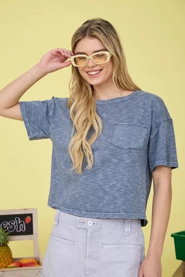 Raw Edge Exposed Seam Short Sleeve Knit Crop Top, Ash Blue