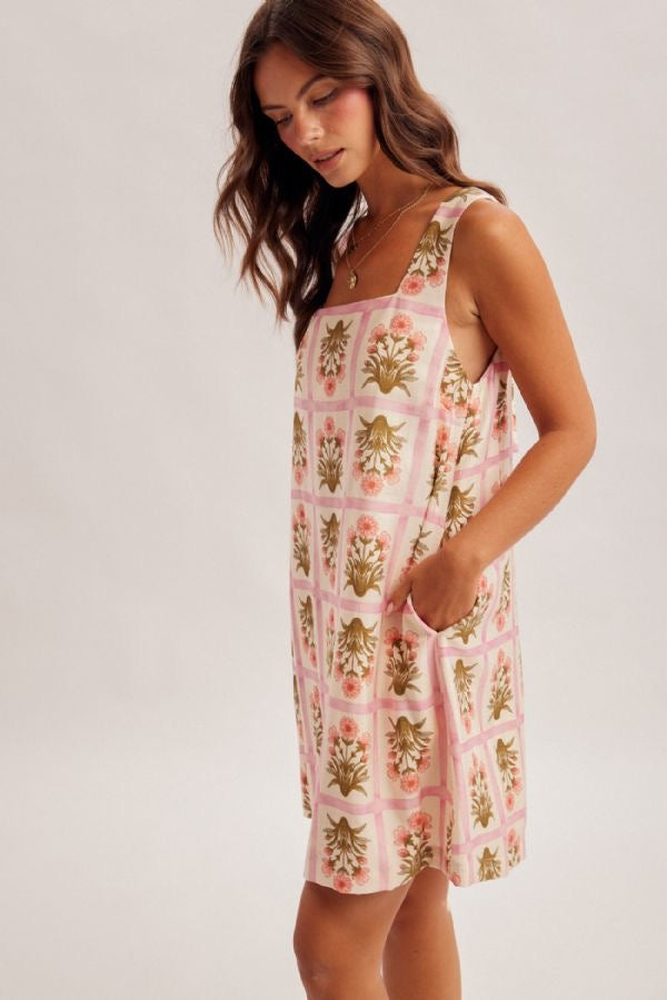 Pink Floral Square-Neck Ribbon-Tie Mini Dress