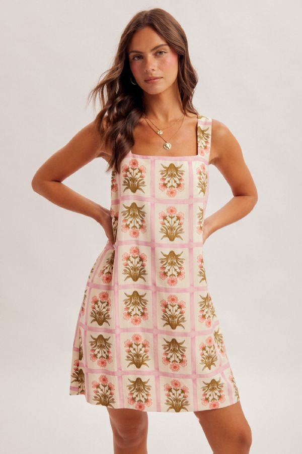 Pink Floral Square-Neck Ribbon-Tie Mini Dress