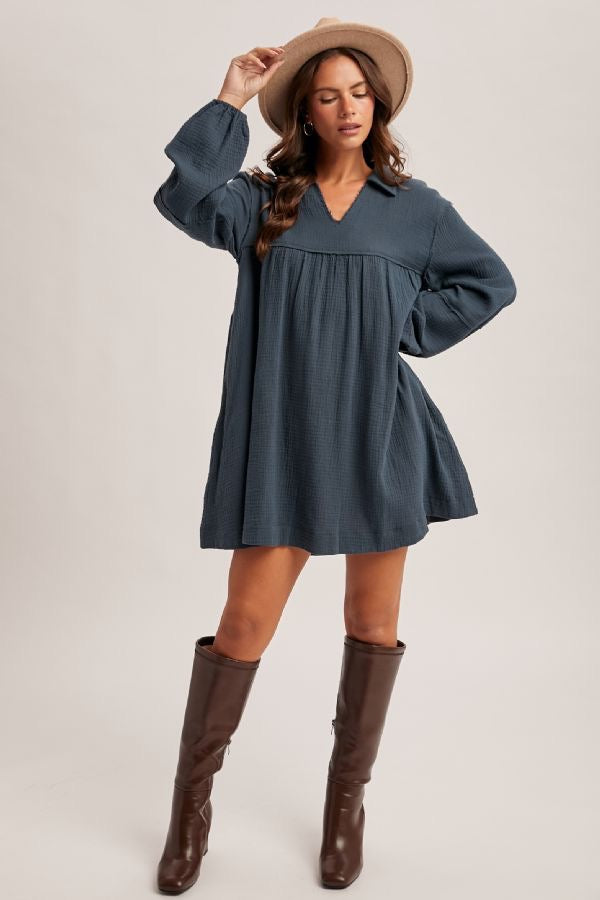 Collared Babydoll Cotton Dress - Forest Green