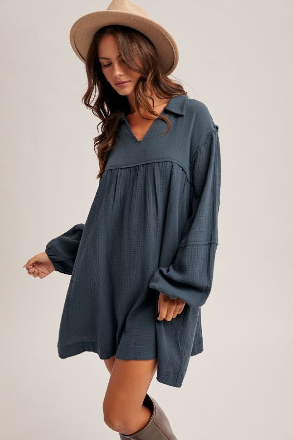 Collared Babydoll Cotton Dress - Forest Green