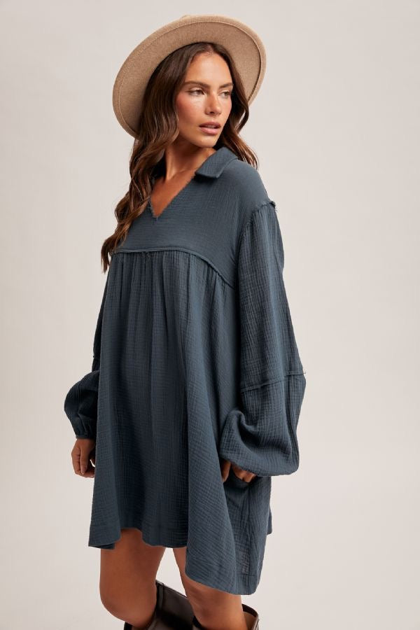 Collared Babydoll Cotton Dress - Forest Green