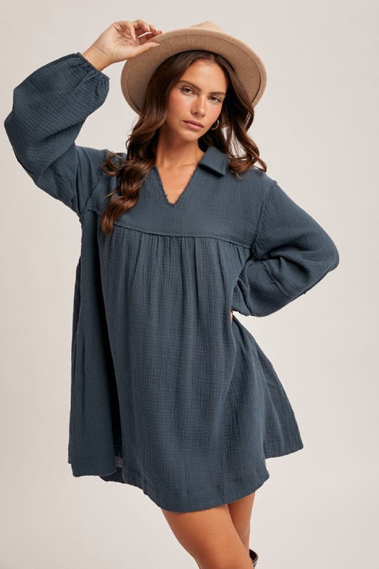Collared Babydoll Cotton Dress - Forest Green