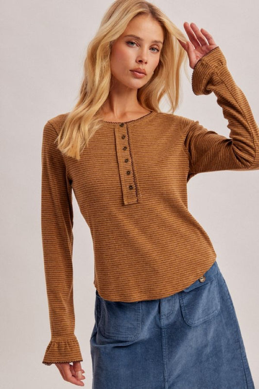 Lace Edge Pinstripe Henley Top - Olive Brown
