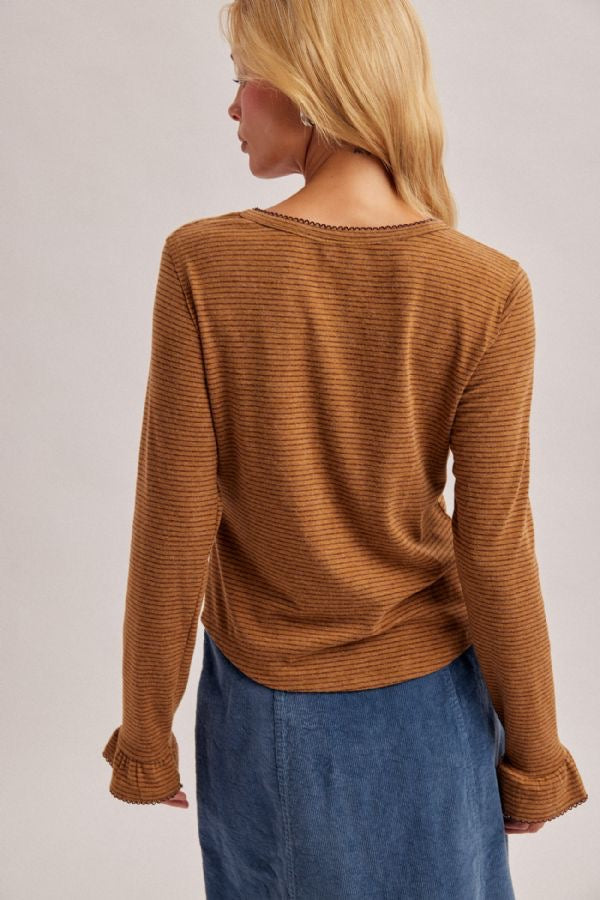 Lace Edge Pinstripe Henley Top - Olive Brown